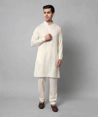 Wrinkle free Plain creme kurta with pants 1