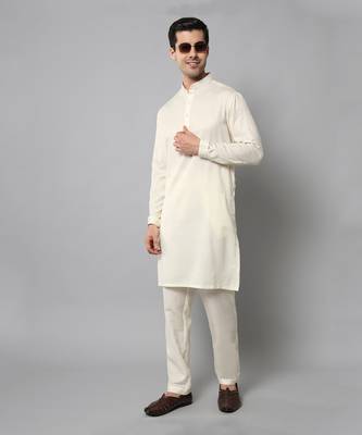 Wrinkle free Plain creme kurta with pants 5
