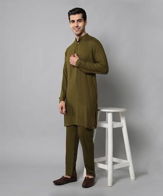 Wrinkle free Olive green kurta pants in rayon 1