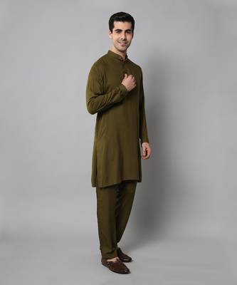 Wrinkle free Olive green kurta pants in rayon 3
