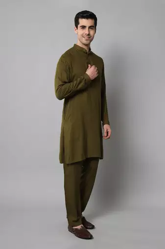 Wrinkle free Olive green kurta pants in rayon