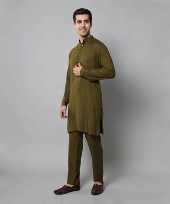 Wrinkle free Olive green kurta pants in rayon 4