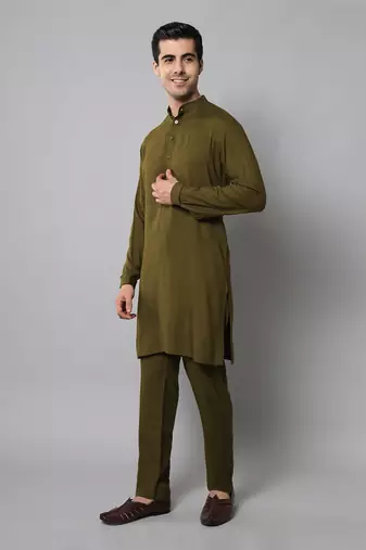 Wrinkle free Olive green kurta pants in rayon
