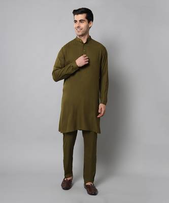 Wrinkle free Olive green kurta pants in rayon 5