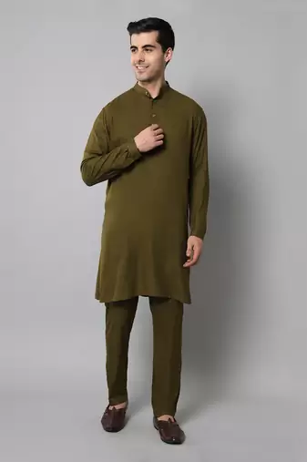 Wrinkle free Olive green kurta pants in rayon