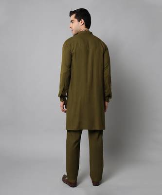 Wrinkle free Olive green kurta pants in rayon 6