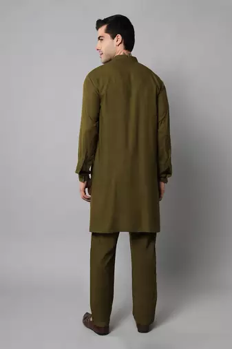 Wrinkle free Olive green kurta pants in rayon