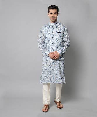 Wrinkle free White and blue tie dye pattern kurta jacket set 1