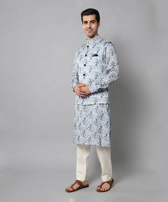 Wrinkle free White and blue tie dye pattern kurta jacket set 2