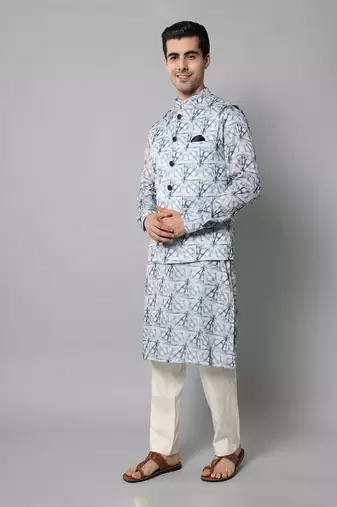 Wrinkle free White and blue tie dye pattern kurta jacket set