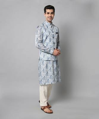 Wrinkle free White and blue tie dye pattern kurta jacket set 3