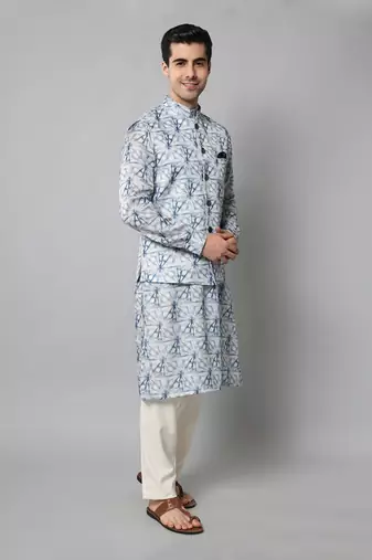 Wrinkle free White and blue tie dye pattern kurta jacket set