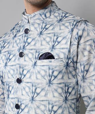 Wrinkle free White and blue tie dye pattern kurta jacket set 4