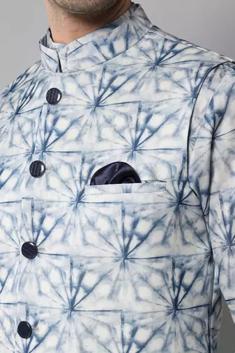Wrinkle free White and blue tie dye pattern kurta jacket set