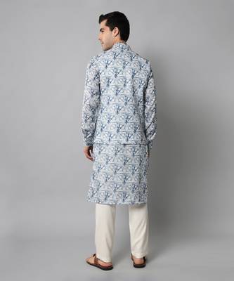 Wrinkle free White and blue tie dye pattern kurta jacket set 5