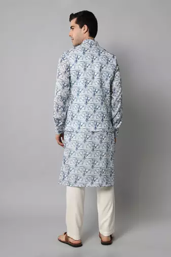 Wrinkle free White and blue tie dye pattern kurta jacket set
