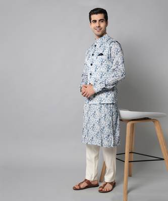 Wrinkle free White and blue tie dye pattern kurta jacket set 6