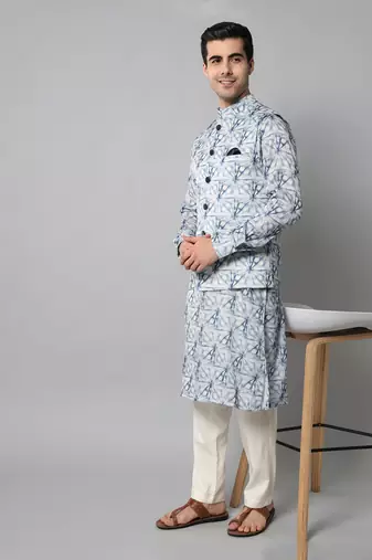 Wrinkle free White and blue tie dye pattern kurta jacket set