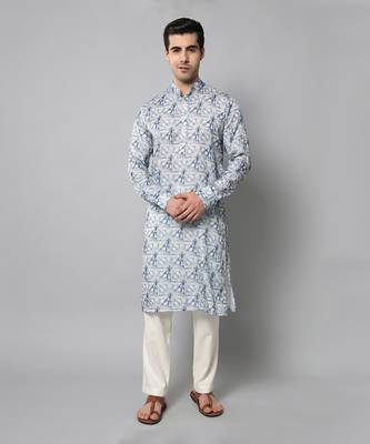 Wrinkle free White and blue tie dye pattern kurta jacket set 1