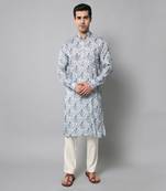 Wrinkle free White and blue tie dye pattern kurta jacket set