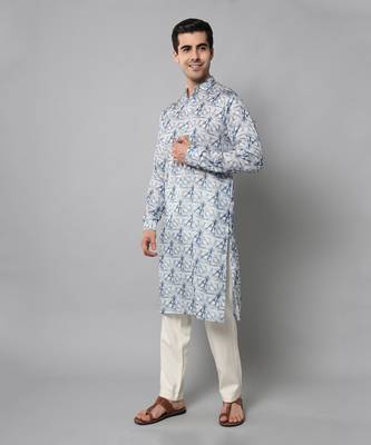 Wrinkle free White and blue tie dye pattern kurta jacket set 2