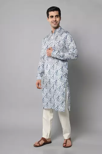 Wrinkle free White and blue tie dye pattern kurta jacket set