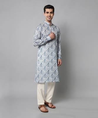 Wrinkle free White and blue tie dye pattern kurta jacket set 3