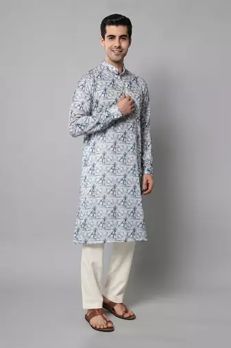 Wrinkle free White and blue tie dye pattern kurta jacket set