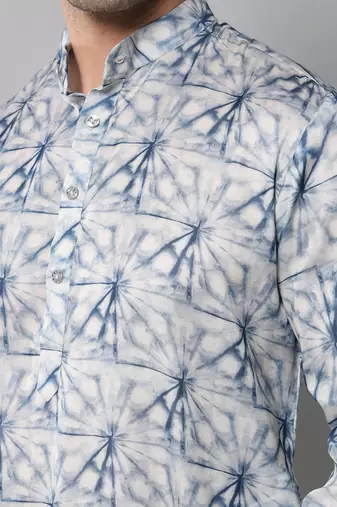 Wrinkle free White and blue tie dye pattern kurta jacket set