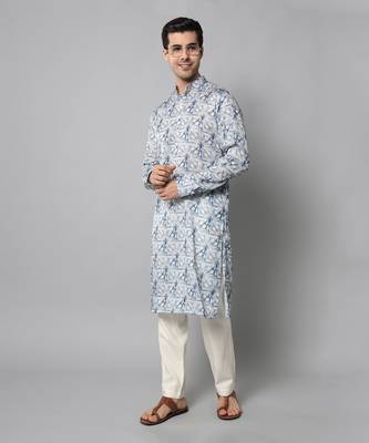 Wrinkle free White and blue tie dye pattern kurta jacket set 5