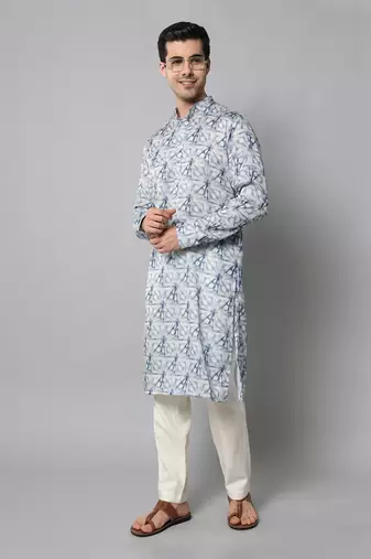 Wrinkle free White and blue tie dye pattern kurta jacket set