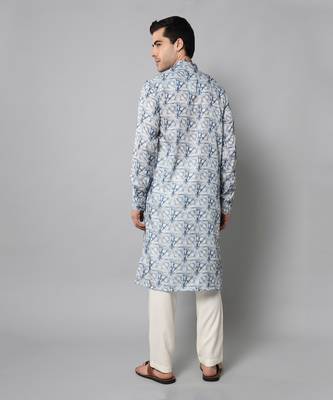 Wrinkle free White and blue tie dye pattern kurta jacket set 6