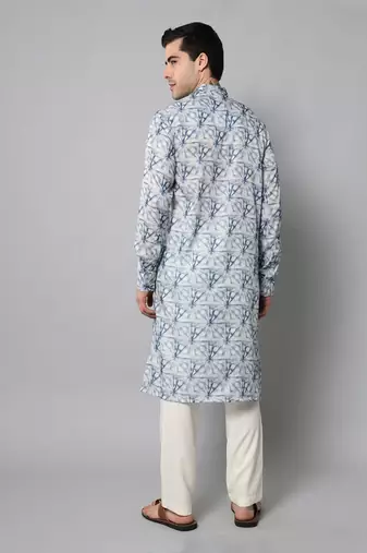 Wrinkle free White and blue tie dye pattern kurta jacket set