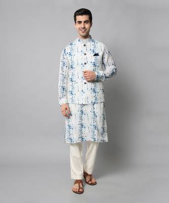 Wrinkle free White and blue tie dye kurta jacket set 1