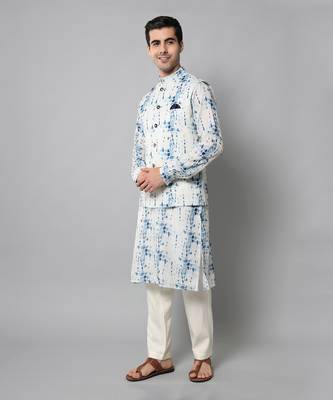 Wrinkle free White and blue tie dye kurta jacket set 2
