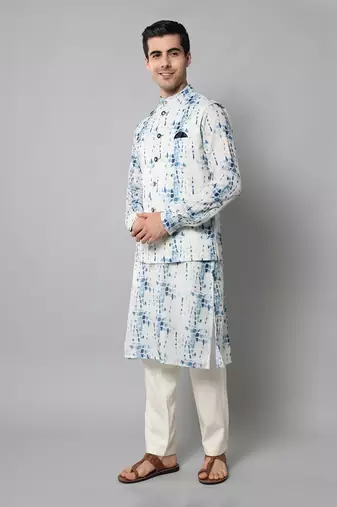 Wrinkle free White and blue tie dye kurta jacket set