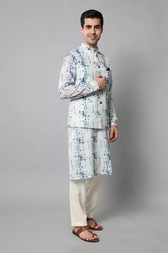 Wrinkle free White and blue tie dye kurta jacket set