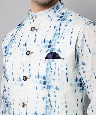 Wrinkle free White and blue tie dye kurta jacket set 4