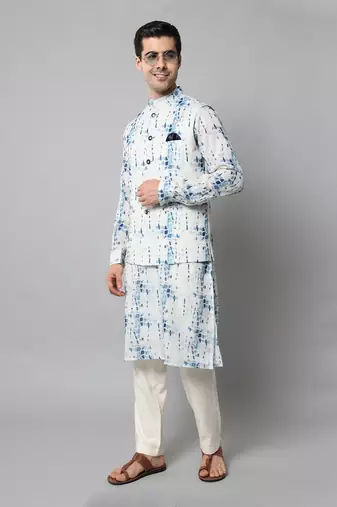 Wrinkle free White and blue tie dye kurta jacket set