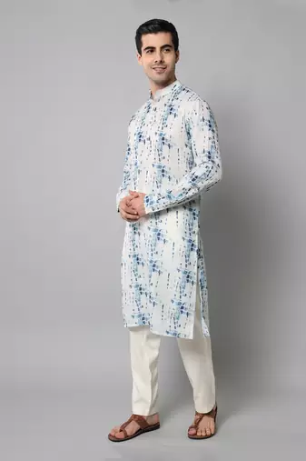 Wrinkle free White and blue tie dye kurta pants