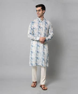 Wrinkle free White and blue tie dye kurta pants 5