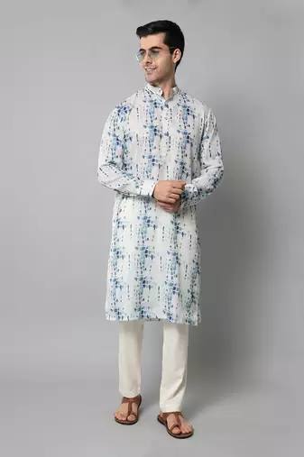 Wrinkle free White and blue tie dye kurta pants