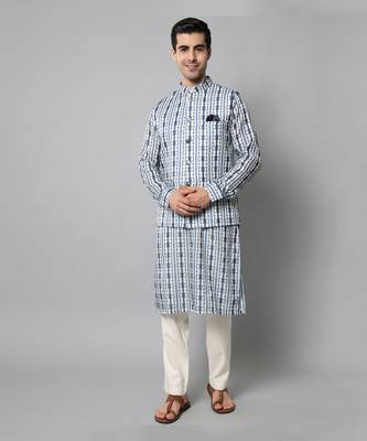 Wrinkle free White and blue tie dye kurta jacket set 1