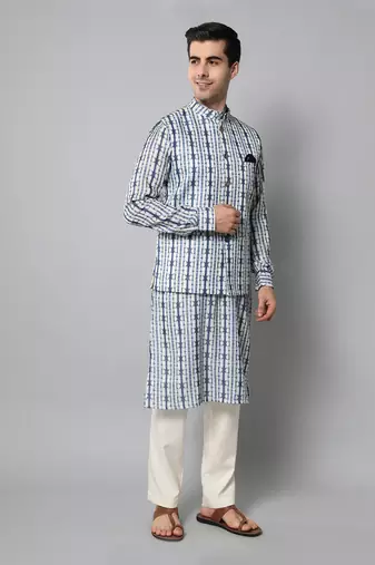 Wrinkle free White and blue tie dye kurta jacket set