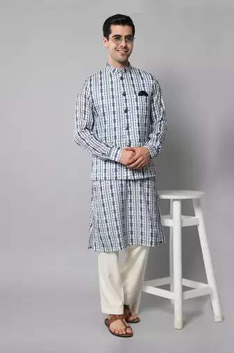 Wrinkle free White and blue tie dye kurta jacket set