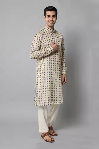 Wrinkle free Cream and blue tie dye kurta pant