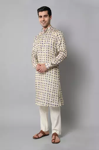 Wrinkle free Cream and blue tie dye kurta pant