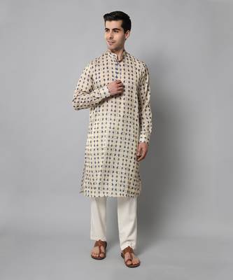 Wrinkle free Cream and blue tie dye kurta pant 5