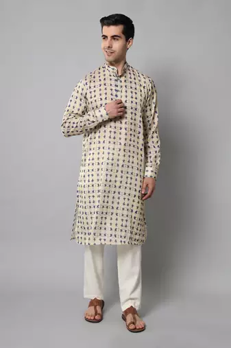 Wrinkle free Cream and blue tie dye kurta pant