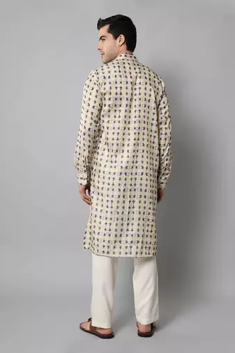 Wrinkle free Cream and blue tie dye kurta pant